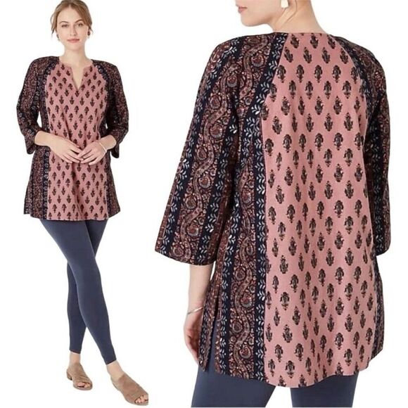 J Jill Pure Jill Folkloric Stamped Tunic Top Linen Blend Boho Women Large Pink - Picture 1 of 9